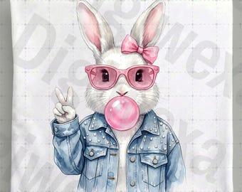 Cooler Osterhase, Jeansjacke Perle, Peace-Zeichen Kaninchen, rosa Brille, Bubblegum, freche Sublimation, trendiges Mädchen-Hemd.