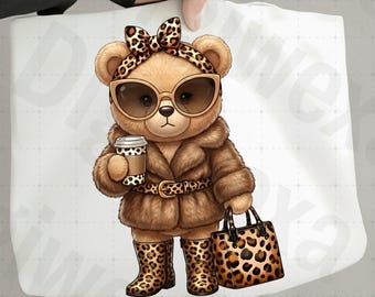 Boujee Teddybär PNG, Glam Leopard Print Sublimation, Modebär Kaffee Design, stilvolles Wintertier, Diva Geschenk.