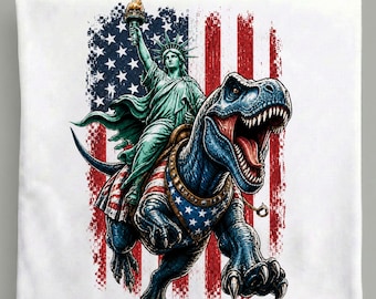 Freiheitsstatue, die T-Rex PNG reitet, Patriotische Dinosaurierkunst, 4. Juli Dino-Sublimation, USA-Flaggen-Trex-Datei, American Liberty Rawr