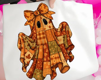 Herbstliches Geistermotiv mit Schleife (PNG), Herbstliches Patchwork-Geistmotiv, Kürbisgewürz-Halloween-Sublimationsdesign, Gemütliches Herbst-Design (digitaler Download)