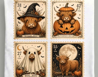 Halloween Highland Cow PNG, 4 Vintage Stamp Style Cows, Witch Ghost Pumpkin Spooky Fall Digital Download