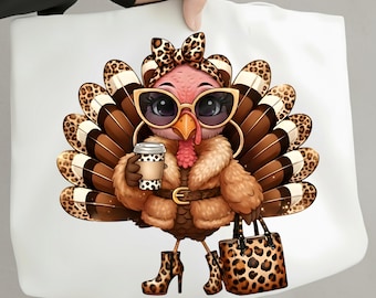 Boujee Turkey PNG, Glam Leopard Print Thanksgiving PNG, Fancy Fall Sublimation Design, Chic Turkey with Coffee PNG, Digital Download