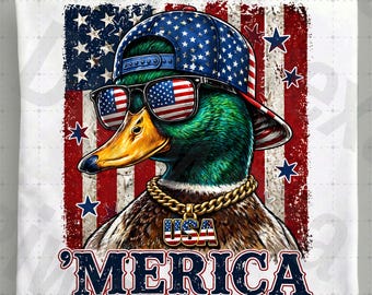 Merica Stockente Ente PNG, lustige 4. Juli patriotische Kunst, coole USA Flagge Jungen Design, rot weiß blau Sublimation