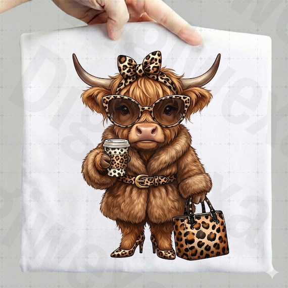 Boujee Highland Cow PNG, Glam Leopard Print Sublimation, Fashion Cow Gift, Sassy Heifer Coffee Design, Cute Western Png.