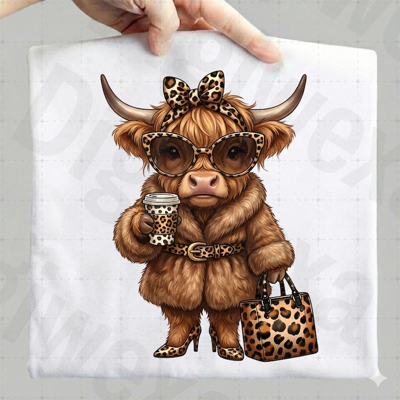 Puede incluir: Ilustraci&oacute;n de una vaca de las Tierras Altas con gafas de sol, una diadema con estampado de leopardo y un abrigo de piel. La vaca sostiene una taza de caf&eacute; y un bolso con estampado de leopardo. La vaca tambi&eacute;n lleva tacones con estampado de leopardo.