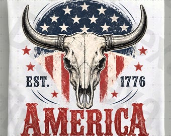 Western Fourth of Jul PNG, USA Bull Skull Design, Est 1776 Amerika Art, Country Patriotic Sublimation