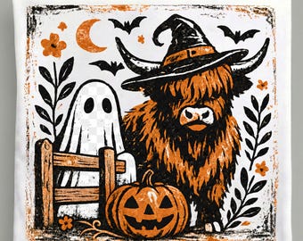 Halloween Highland Cow PNG, Ghost Pumpkin Witch Hat, Vintage Spooky Farm Sublimation, Fall Digital Download