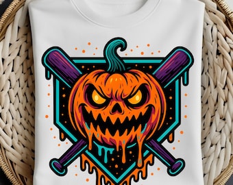 Może przedstawiać: Biała bluza z motywem Halloween. Projekt przedstawia pomarańczową dynię z żółtymi oczami i groźnym uśmiechem, na tle skrzyżowanych fioletowych kijów baseballowych i turkusowej bazy.
