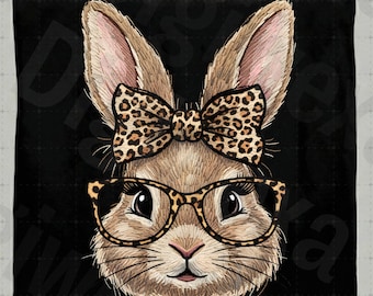 Retro Leopard Osterhase PNG, Kokette Kaninchenbrille, Gepardschleife, Frühlingssublimation, süßes Mädchenhemd, trendige DTF-Transfer.