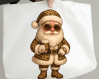 Boujee Santa PNG, Glam Leopard Print Santa PNG, Christmas Coffee Santa Sublimation, Fancy Santa Claus PNG, Trendy Holiday Png