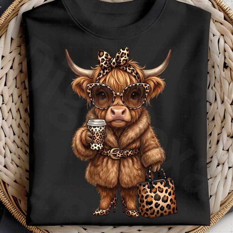 Puede incluir: Camiseta negra con una vaca de las Tierras Altas de dibujos animados con gafas de sol, abrigo de piel y accesorios con estampado de leopardo. La vaca sostiene una taza de caf&eacute; y un bolso.