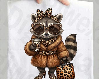 Boujee tvättbjörn PNG, glamorös leopardtryck sublimering, mode skräppanda-present, fräck tvättbjörnskaffedesign, söt djurdiva.