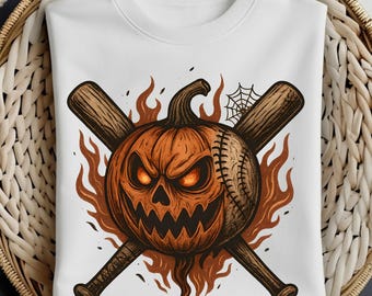 Może przedstawiać: Biała bluza z motywem Halloween. Grafika przedstawia pomarańczową dynię z świecącymi oczami i groźnym uśmiechem, skrzyżowane kije baseballowe i płomienie. Obecna jest również pajęczyna.