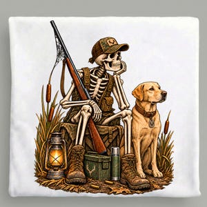 May include: A white fabric square featuring a graphic illustration of a skeleton wearing a camouflage cap and vest, sitting with a rifle, a lit lantern, a green storage box, and a thermos. A yellow Labrador dog sits beside the skeleton.