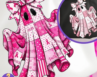Fantasma PNG de concienciación sobre el cáncer de mama, fantasma con lazo rosa para sublimación, imágenes prediseñadas de la temporada de Halloween de octubre, descarga digital.