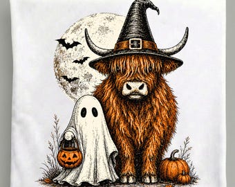 Halloween Highland Cow PNG, Witch Hat Ghost Pumpkin, Vintage Spooky Cow Sublimation Digital Download