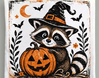 Halloween Raccoon PNG, Witch Hat Pumpkin Raccoon, Vintage Spooky Animal Sublimation Digital Download