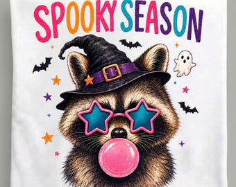 Spooky Season Raccoon PNG, Witch Hat Bubble Gum Halloween, Cute Retro Animal Sublimation Digital Download