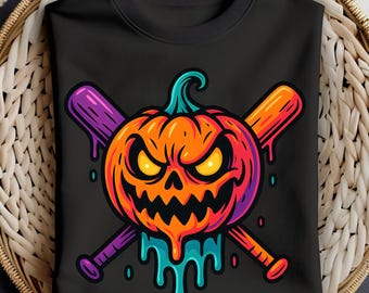 Może przedstawiać: Czarna bluza z okrągłym dekoltem z motywem Halloween. Grafika przedstawia pomarańczową dynię z żółtymi oczami i groźnym uśmiechem, skrzyżowane kije baseballowe i turkusowe krople. Projekt jest kolorowy i kreskówkowy.