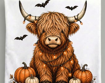 Halloween Highland Cow PNG, Orange String Lights Pumpkins, Bats Spooky Fall Sublimation Digital Download