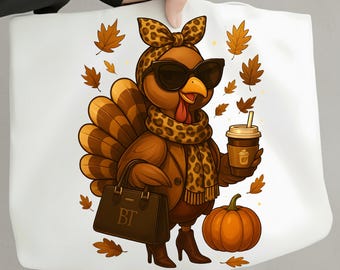 Boujee Turkey PNG, Leopard Print Thanksgiving PNG, Preppy Fall Coffee Turkey Design, Funny Fall Sublimation, Digital Download