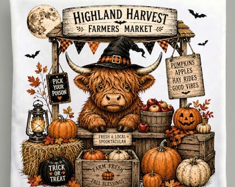 Halloween Highland Cow PNG, Witch Farmers Market Pumpkin, Vintage Spooky Farm Fall Sublimation Digital Download