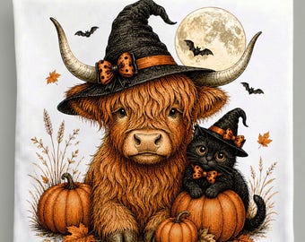Halloween Highland Cow PNG, Black Cat Witch Hat Pumpkin, Vintage Spooky Fall Sublimation Digital Download