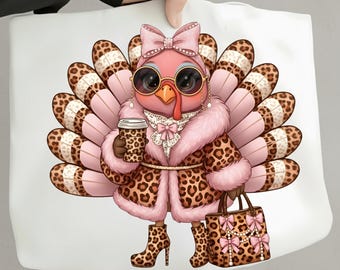 Boujee Turkey PNG, Glam Leopard Thanksgiving PNG, Fashion Fall Turkey Sublimation, Classy Coffee Autumn PNG, Stylish Thanksgiving Png