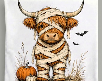 Halloween Mummy Highland Cow PNG, Wrapped Cow Pumpkin Bats, Vintage Spooky Sublimation Digital Download