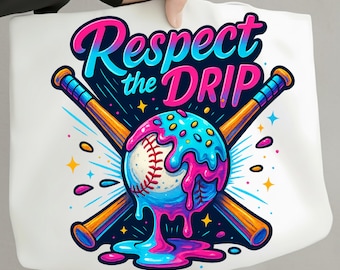 May include: White tote bag featuring a colorful baseball-themed graphic. The design includes a baseball with dripping blue and pink icing, crossed baseball bats, and the text "Respect the Drip" in a vibrant font. The design also includes stars and other decorative elements.