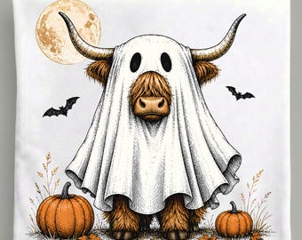Halloween Highland Cow PNG, Ghost Costume Cow, Pumpkin Full Moon Bats, Vintage Spooky Fall Sublimation Digital Download