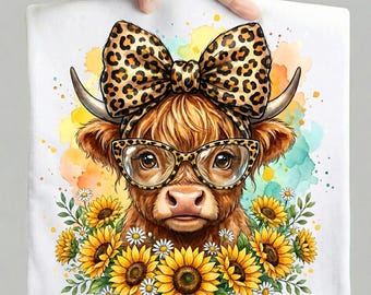 Highland Kuh Sonnenblume PNG, Leopardenmuster Bogen Brille, süße Färse Sublimation, Bauernhaus Dekor, Sommer Blumenkuh, rustikales Western Shirt.