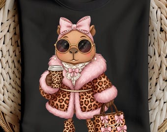 Boujee Capybara PNG, Glam Leopard Print PNG, Coffee Lover Capybara Sublimation, Pink Fur Fashion Animal PNG, Classy Fall Sublimation Design