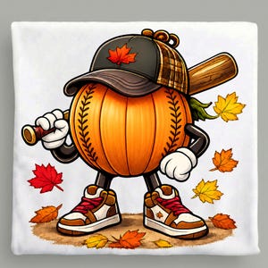 May include: A cartoon pumpkin character designed as a baseball with orange skin and black stitching, wearing a black and plaid baseball cap with a red maple leaf, holding a wooden baseball bat, and wearing brown and white sneakers amidst maple leaves.