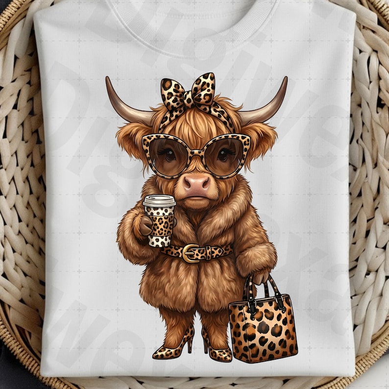 Puede incluir: Ilustraci&oacute;n de una vaca de las Tierras Altas con gafas de sol, abrigo de piel y accesorios con estampado de leopardo. Sostiene una taza de caf&eacute; con dise&ntilde;o de leopardo. El fondo es blanco.