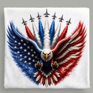 May include: A white square graphic depicts a bald eagle with wings outstretched, coloured in red, white, and blue. The left wing shows the American flag, while the right wing is red and white. Above, seven jets leave red, white, and blue vapour trails.