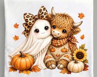 Highland Cow Ghost PNG, Cute Fall Cow with Leopard Bow, Pumpkin Sunflower Autumn Sublimation Digital Download
