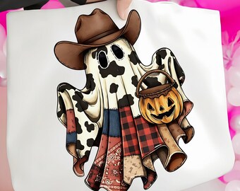 Cowboy-Geist-Halloween-PNG, Western Patchwork-Geist-Sublimation, Kürbis-Trick-or-Treat-Design, rustikaler Herbst-Digital-Download