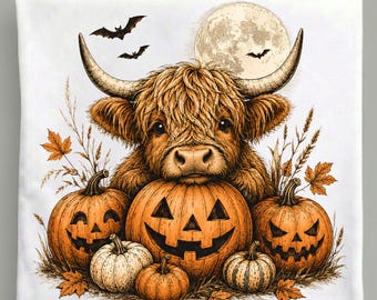 Halloween Highland Cow PNG, Jack O Lantern Pumpkin Cow, Full Moon Bats, Vintage Spooky Fall Sublimation