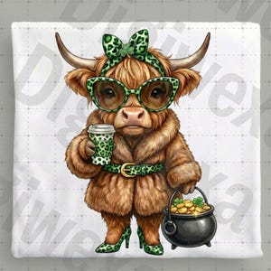 Peut inclure: Illustration fantaisiste d'une vache des Highlands habillée pour la Saint-Patrick. La vache porte un bandeau, des lunettes, une ceinture et des talons à imprimé léopard vert. Elle tient une tasse de café et un pot d'or. La vache a des poils bruns et de grandes cornes.