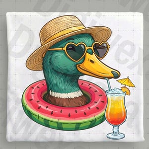 May include: A cartoon illustration of a duck wearing heart-shaped sunglasses and a straw hat, floating in a watermelon-themed inner tube. The duck is enjoying a tropical drink with a tiny umbrella.