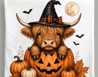 Halloween Highland Cow PNG, Witch Hat Pumpkin Cow, Cute Jack O Lantern Fall Sublimation Digital Download