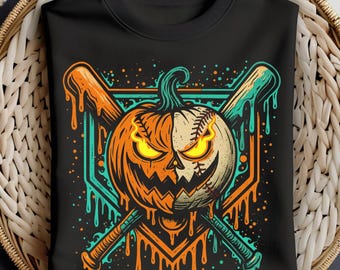 Może przedstawiać: Czarna bluza z motywem Halloween. Grafika przedstawia podzieloną dynię ze szwami do baseballu, skrzyżowanymi kijami i pomarańczowymi i turkusowymi kroplami. Dynia ma świecące żółte oczy.