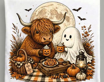 Halloween Highland Cow PNG, Ghost Cocoa Picnic, Cozy Pumpkin Fall Sublimation, Spooky Autumn Digital Download