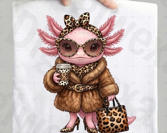 Boujee Axolotl PNG, Glam Leopard Print Sublimation, Mode Axolotl Geschenk, süße Tier Diva, Kaffee Axolotl.