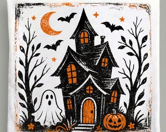 Halloween Haunted House PNG, Ghost Pumpkin Bats, Vintage Spooky House Sublimation Digital Download