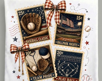 Baseball Postage Stamp PNG, Vintage Americana Ballpark Baseball, Coquette Gingham Bow Sublimation Digital Download