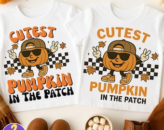Cutest Pumpkin in the Patch PNG, Halloween Fall Sublimation, Retro Cool Pumpkin Patch Design, Toddler & Kids Autumn Shirt PNG