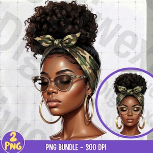 May include: Digital illustration of a woman with dark skin, wearing a camouflage print headband and large gold hoop earrings. She has curly dark hair and is wearing cat-eye glasses with a gold frame. The image includes a smaller circular version of the same image and text that reads "PNG BUNDLE - 300 DPI".