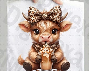 Cute Highland Cow Coffee PNG, Baby Cow Iced Coffee Sublimation, Leopard Print Bow, Coffee Addict Gift, Caramel Frappe Png.